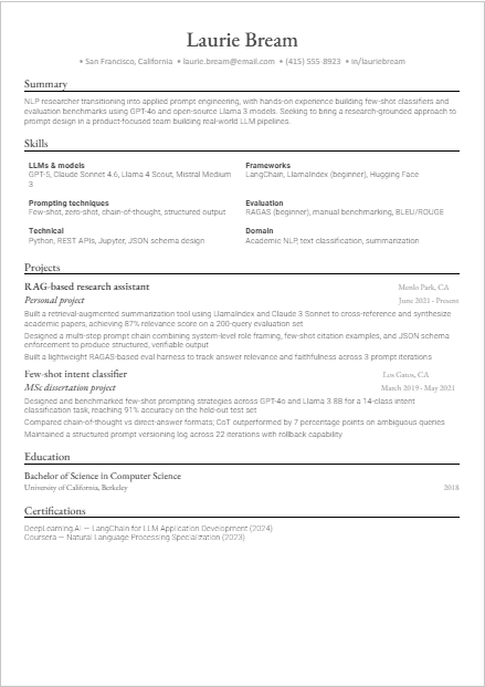 Entry-Level Prompt Engineer Resume
