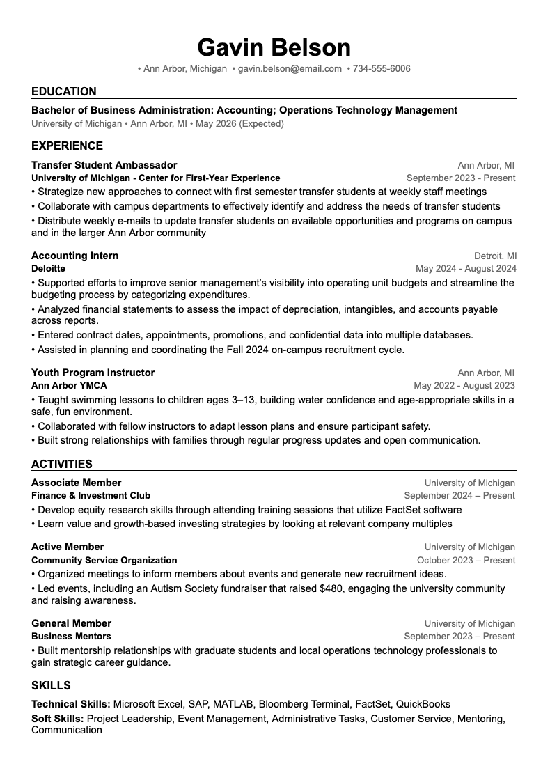 Image showing an ATS-friendly resume template example for current college students