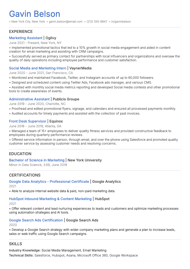 Image of an ATS-friendly marketing resume template example