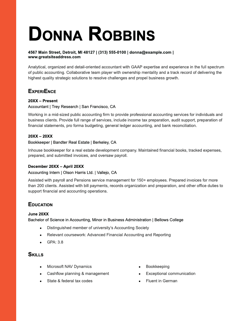 Image showing an ATS resume template example available in the Microsoft Word template library