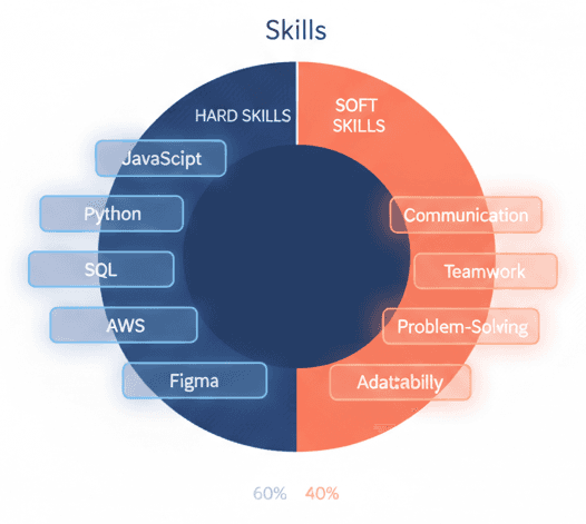 A circular donut-style chart titled “Skills” is divided into two halves: Hard Skills on the left in dark blue and Soft Skills on the right in orange. Around the left half, five blue rounded-rectangle labels list hard skills: JavaScript, Python, SQL, AWS, and Figma. Around the right half, four orange rounded-rectangle labels list soft skills: Communication, Teamwork, Problem-Solving, and Adaptability (spelled “Adatabilly” in the image). At the bottom of the donut chart, the blue hard-skills section is marked 60%, and the orange soft-skills section shows 40%. The design features a glowing, semi-transparent style for all labels, giving the chart a modern, UI-themed appearance.