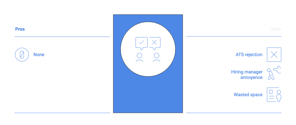 A comparison-style infographic showing the pros and cons of using buzzwords on a resume. The layout is split horizontally with “Pros” on the left and “Cons” on the right, separated by a tall blue rectangle in the center. In the middle is a circular icon showing two people with speech bubbles—one with a check mark and one with an X—representing mixed recruiter reactions. Under the “Pros” section on the left, the only listed item is “None,” indicating no real advantages. Under the “Cons” section on the right, three drawbacks are listed with icons: “ATS rejection,” “Hiring manager annoyance,” and “Wasted space.” The dark background and blue accent color emphasize that buzzwords provide no benefit and can harm resume performance.
