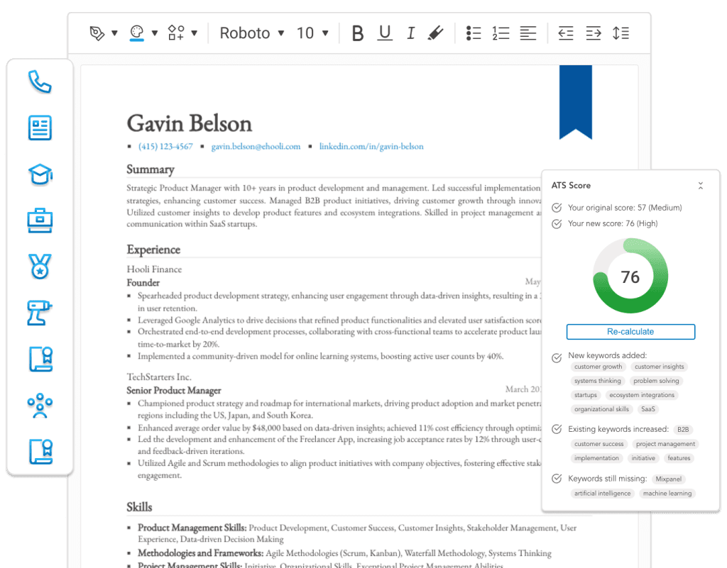 An image of Upplai's resume builder with a built-in ATS scorer
