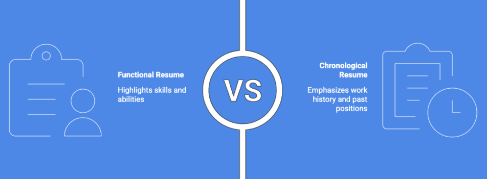 Side-by-side comparison of functional and chronological resume formats, showing skills-focused versus work-history-focused structures.
