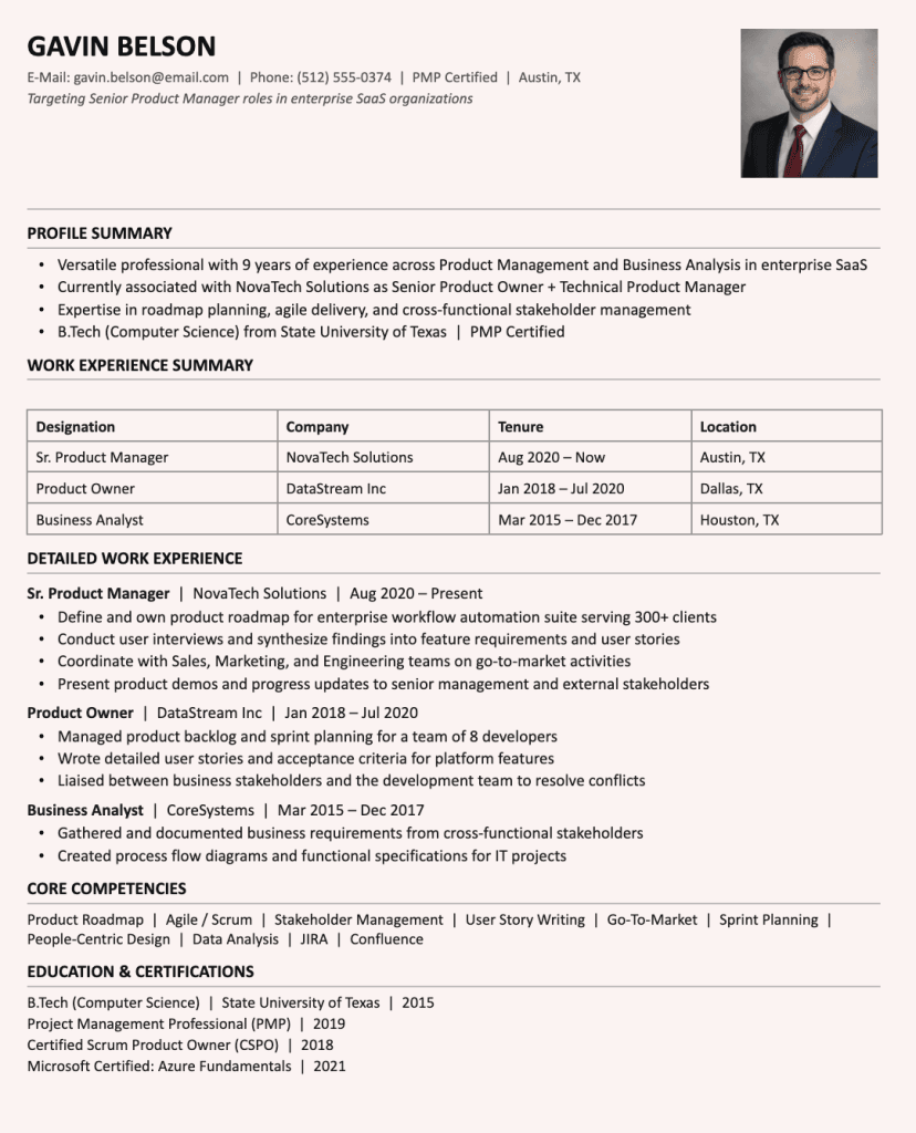 Example of a resume that is not ATS-friendly. Gavin Belson's resume includes a profile photo in the top right corner and uses a table to summarize work experience, both of which can confuse ATS systems and cause key information like job titles, company names, and dates to be misread or skipped entirely. The section heading says 'Work Experience Summary' instead of a standard 'Work Experience' label, which ATS systems may not recognize. The overall layout, while visually organized to a human eye, is likely to get filtered out before any recruiter sees it