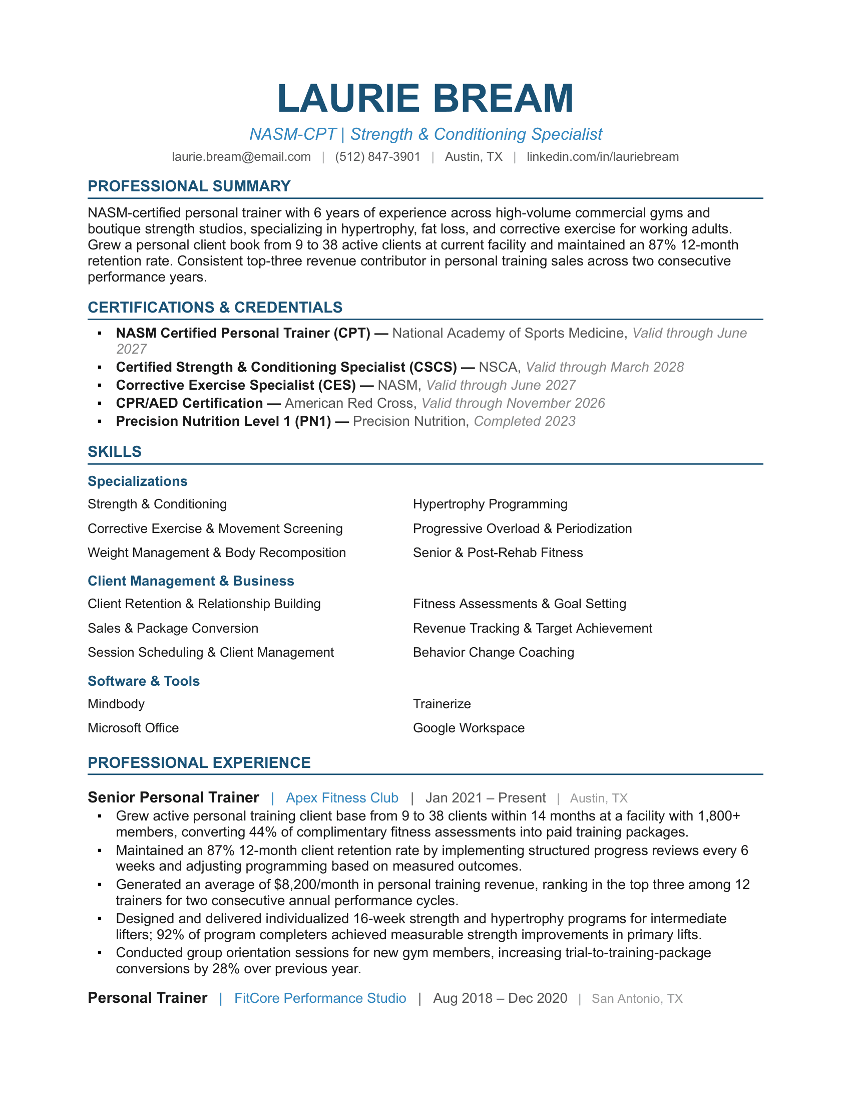 Senior Fitness Industry Expert Resume