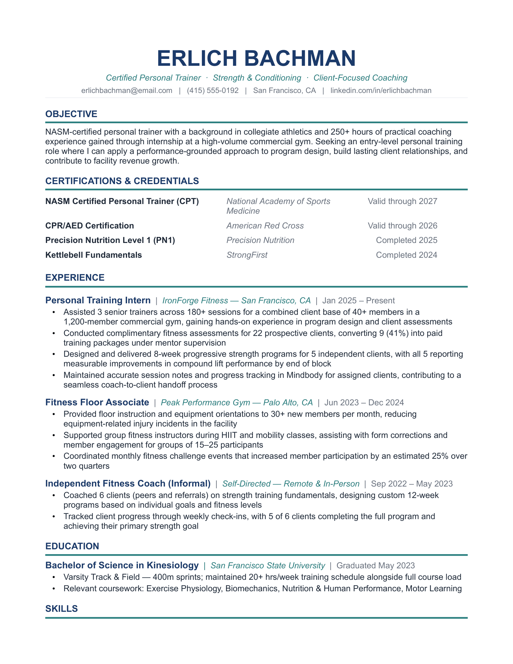 Entry-Level Fitness Industry Expert Resume