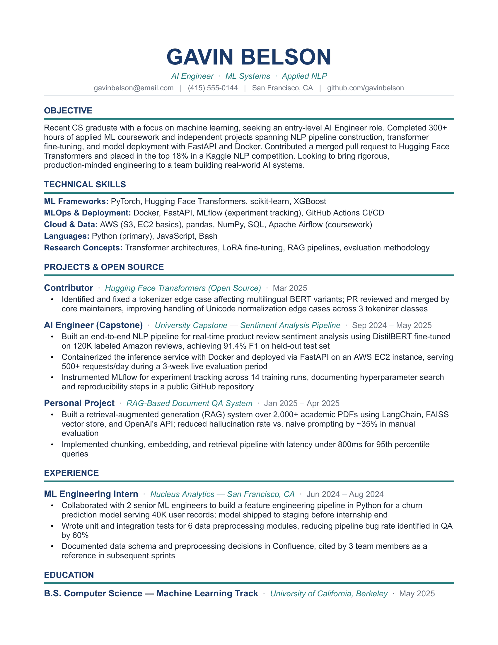 An Entry-Level AI Engineer Resume