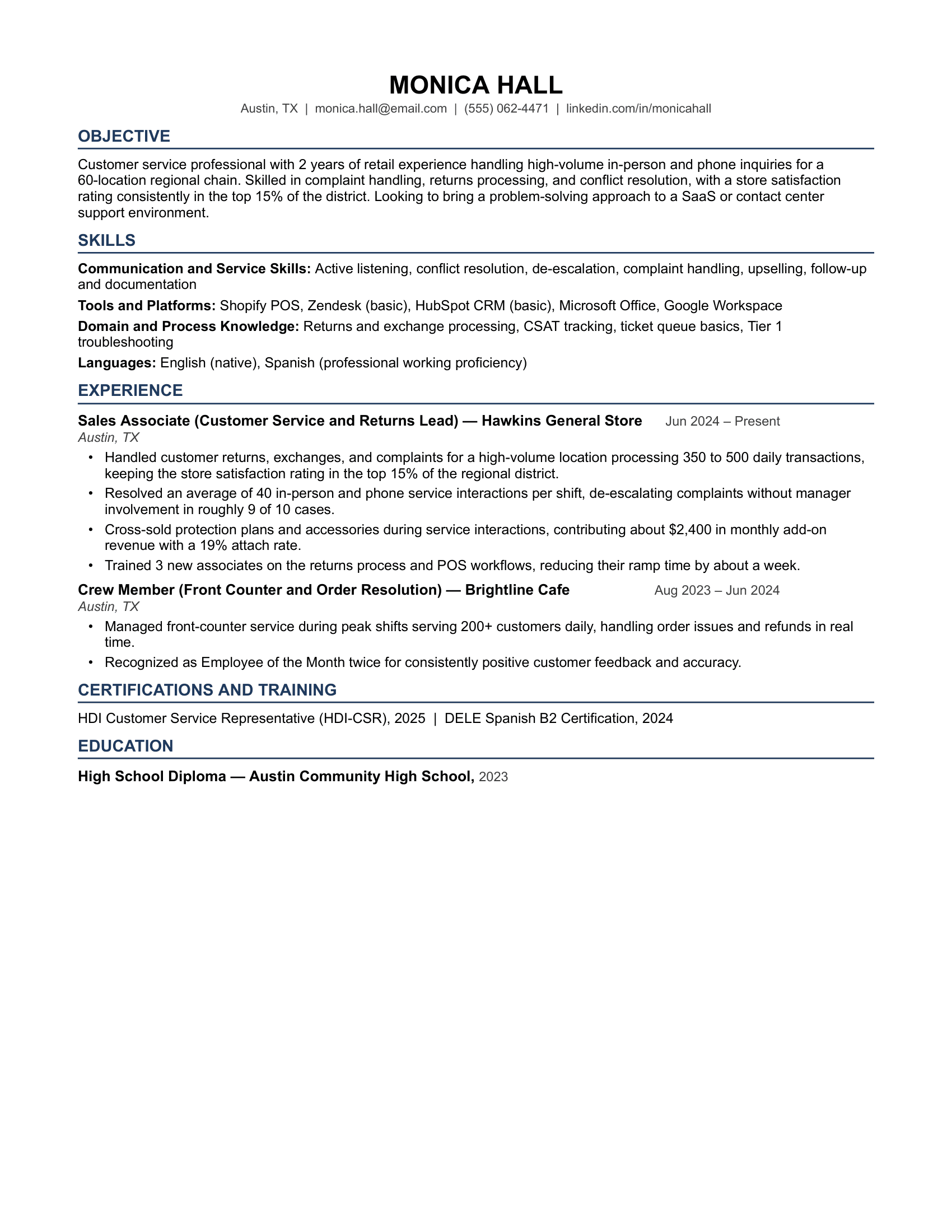 Entry-Level Customer Service Resume Example