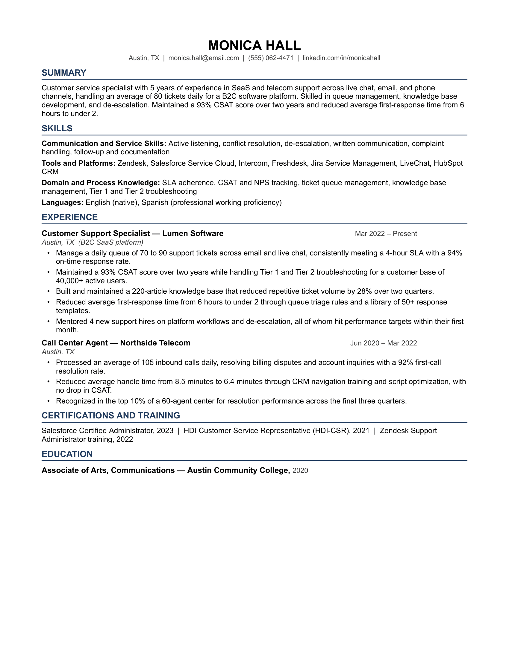 Mid Level Customer Service Resume Example