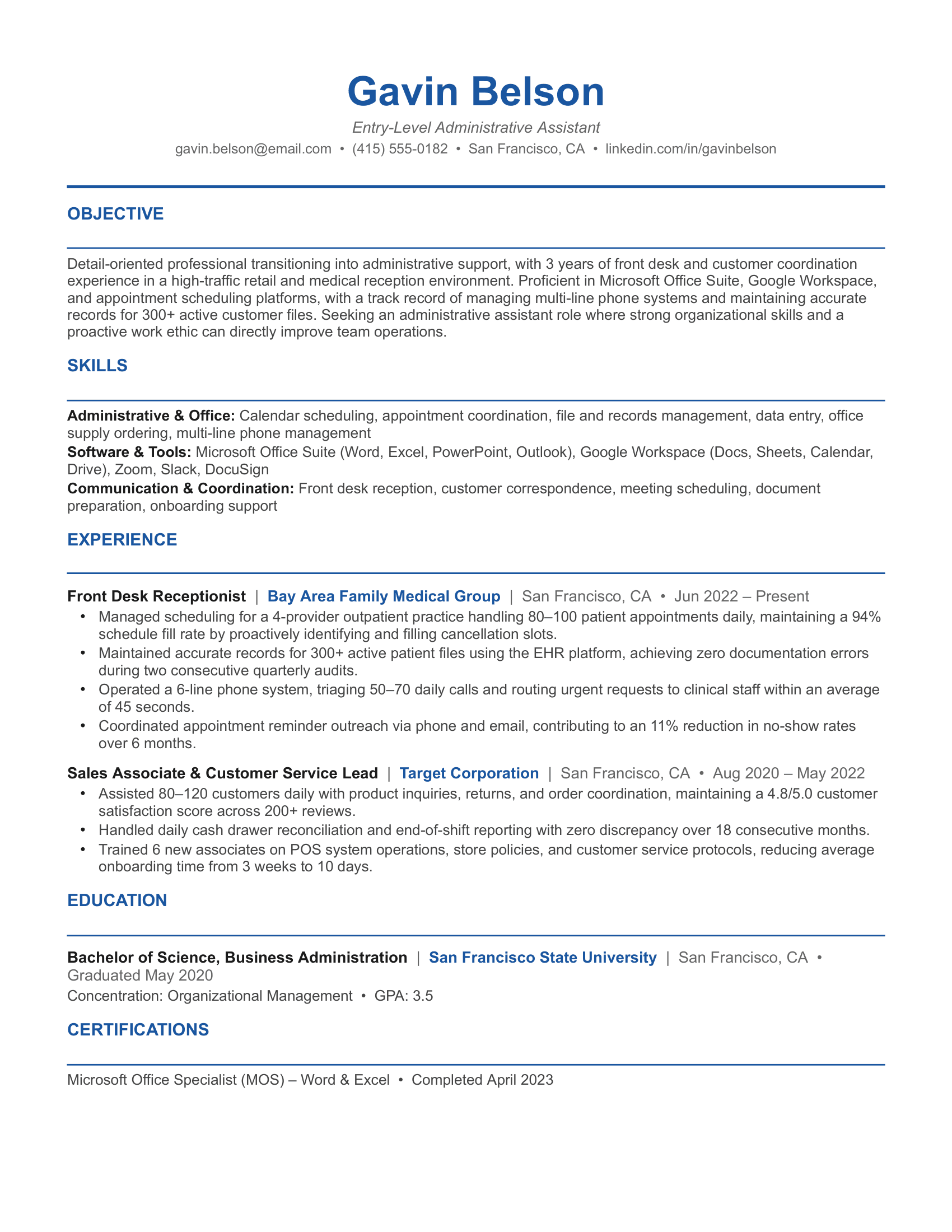 Entry-Level Administrative Assistant Resume Template