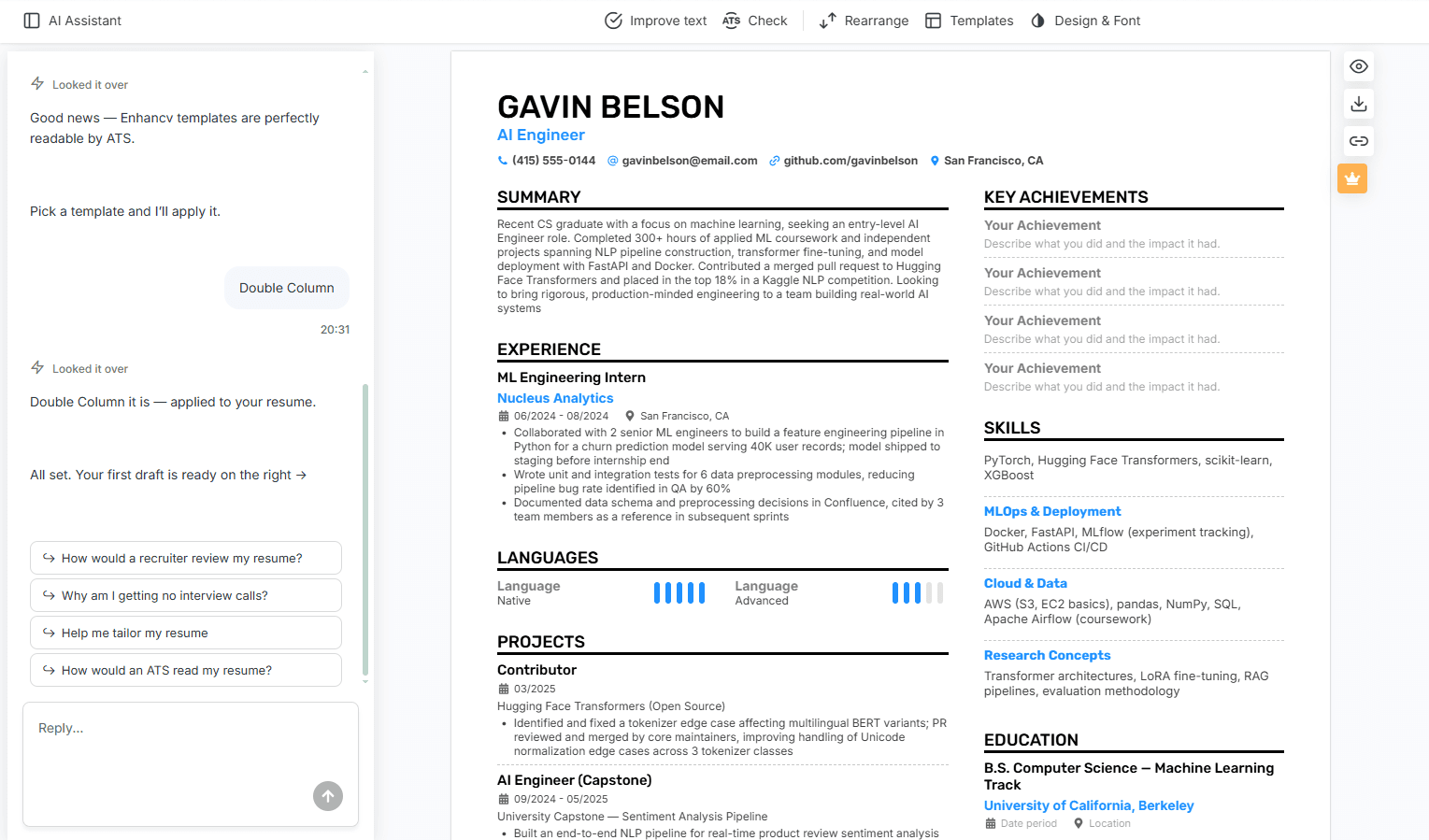 Enhancv resume builder displaying visual template designs and content suggestions
