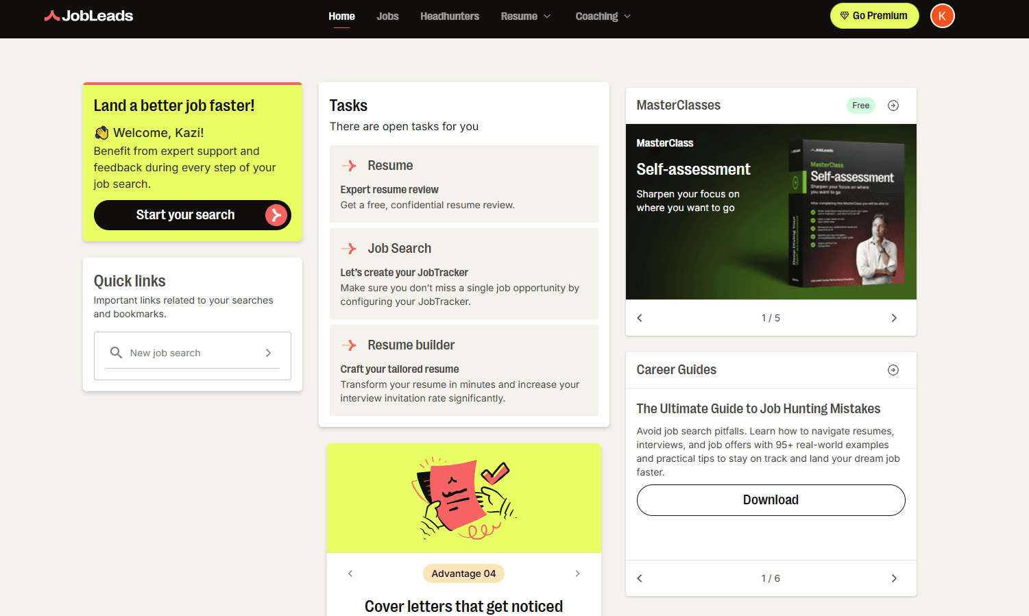 JobLeads dashboard showing resume builder, job search, and career coaching tasks