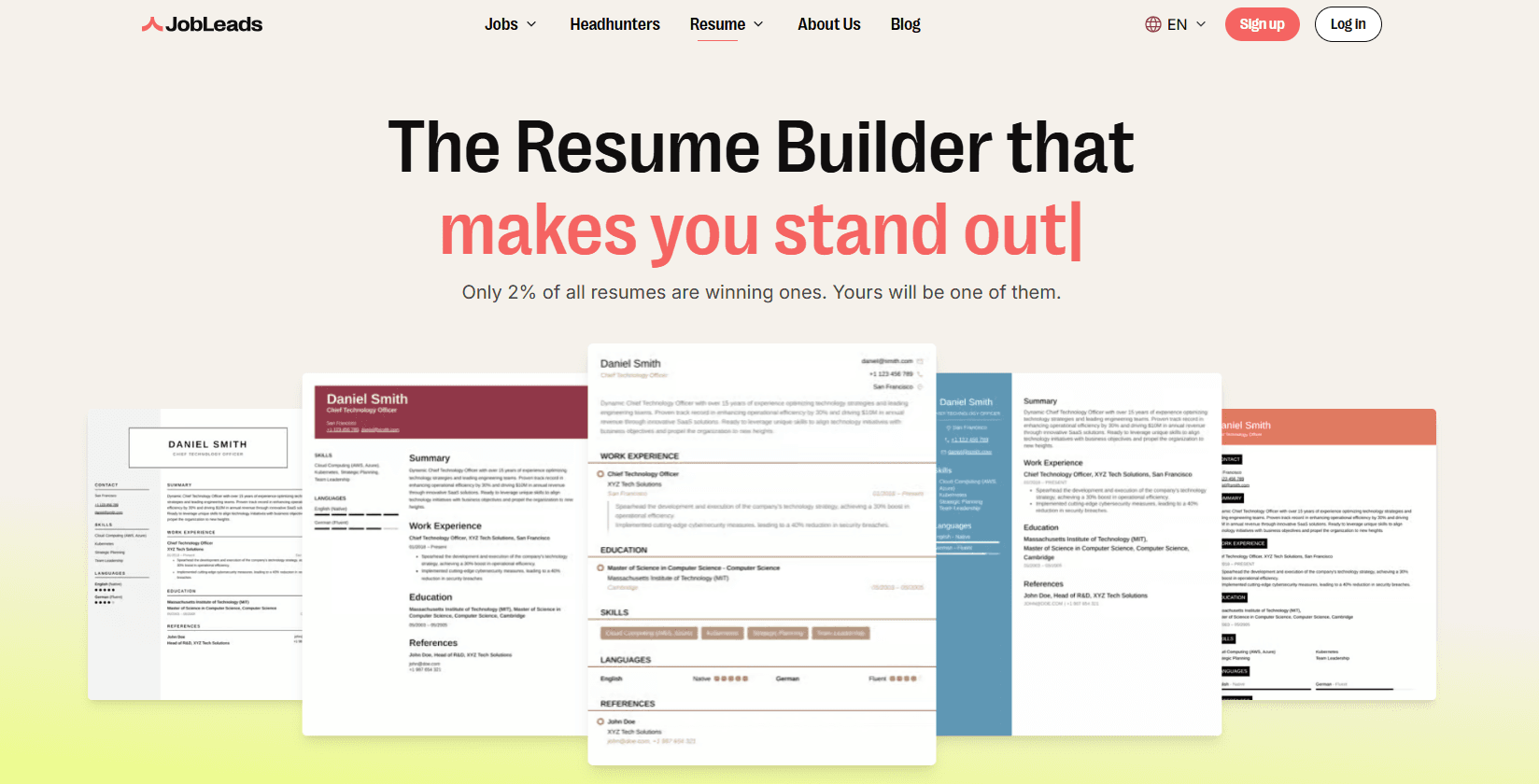 JobLeads resume builder with AI job-specific tailoring and job matching