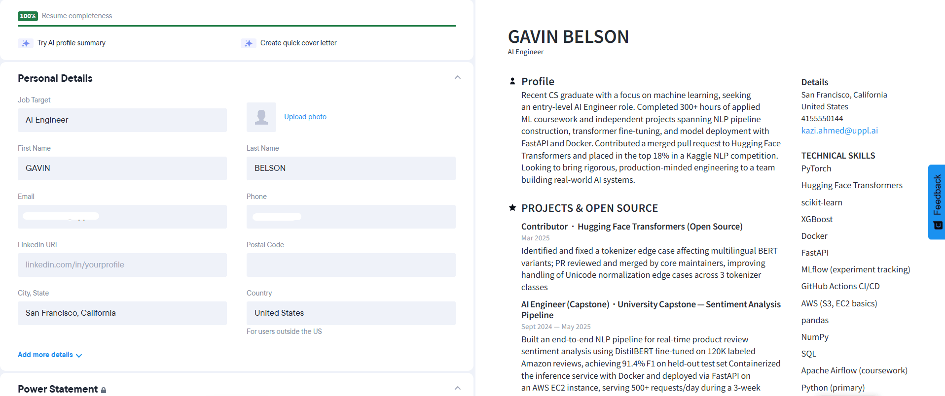 Resume.io resume builder editor with real-time live preview