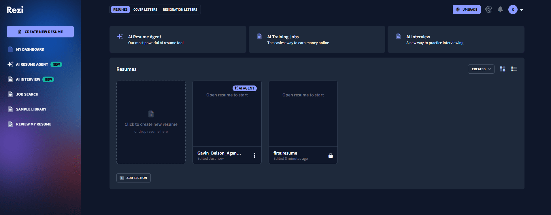 Rezi resume builder interface showing real-time ATS score and keyword matching