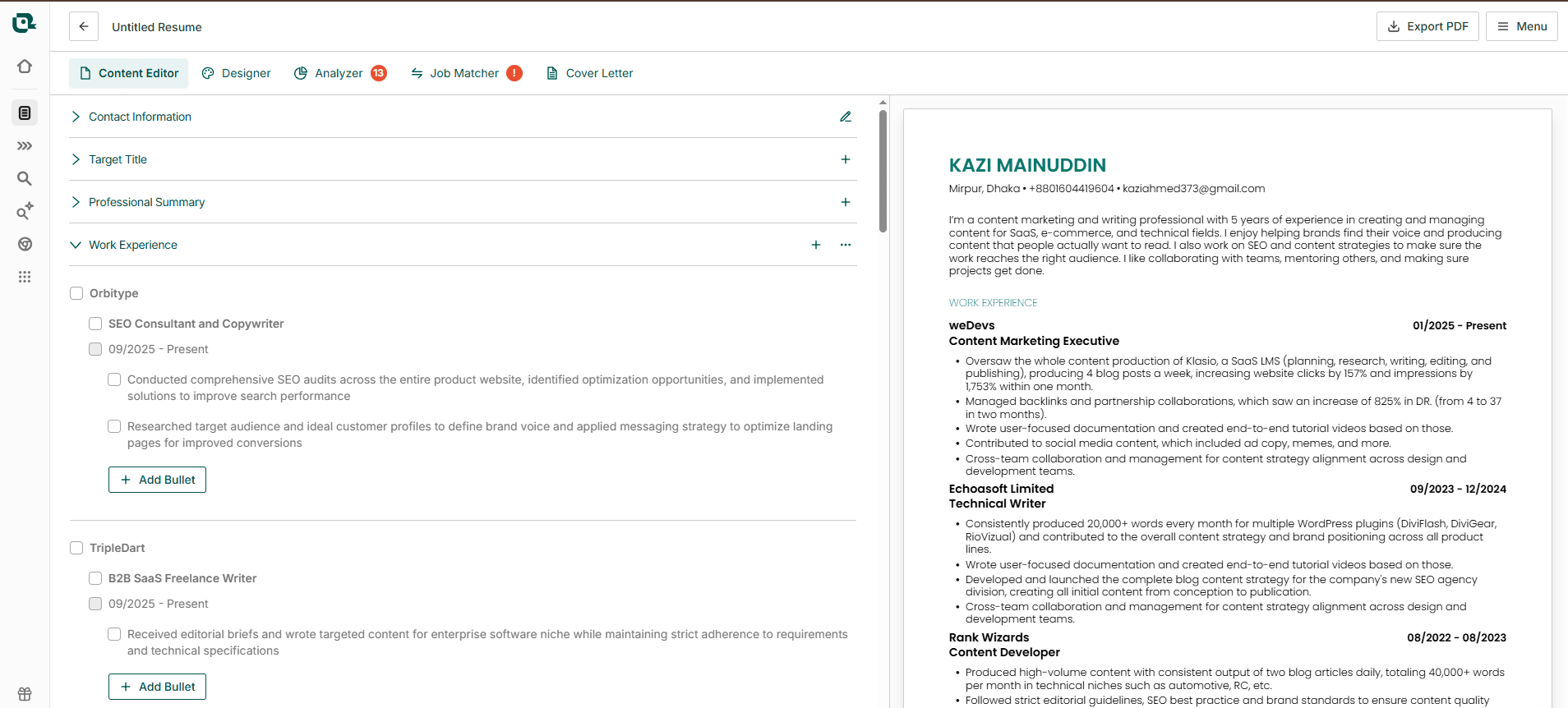 Teal resume builder and job application tracking dashboard