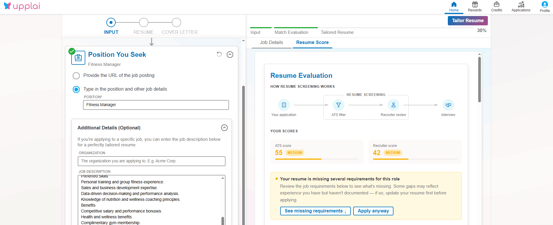 Upplai resume builder showing AI-suggested edits with plain-language explanations