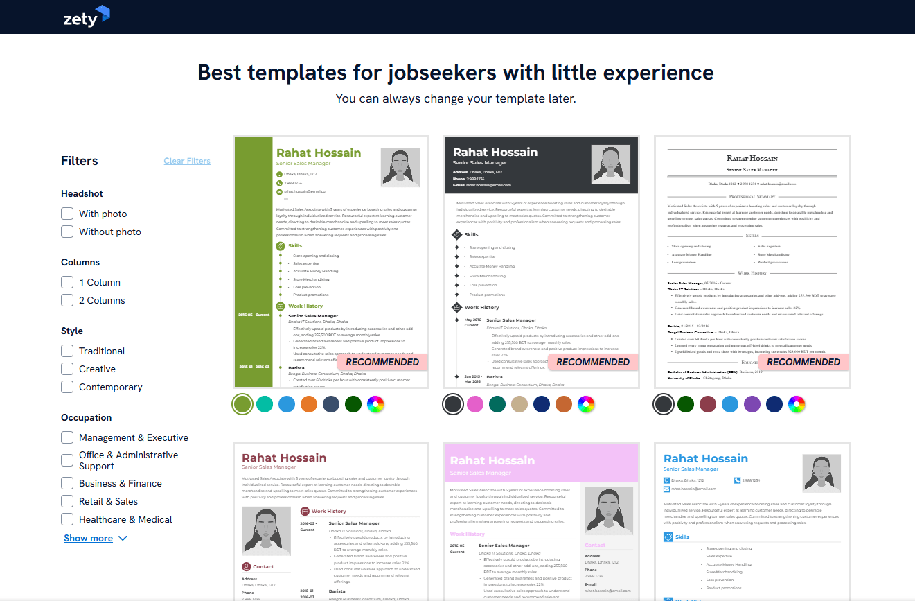 Zety resume builder template library with content suggestions