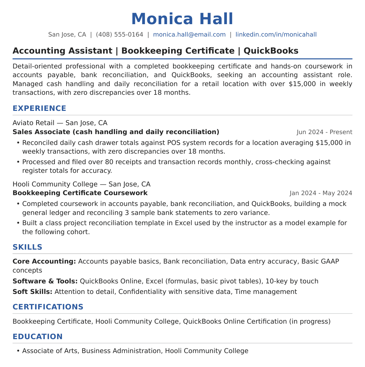 Entry-Level Accounting Assistant Resume Example