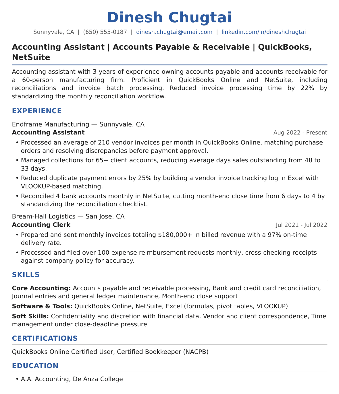 Mid-Level Accounting Assistant Resume Example
