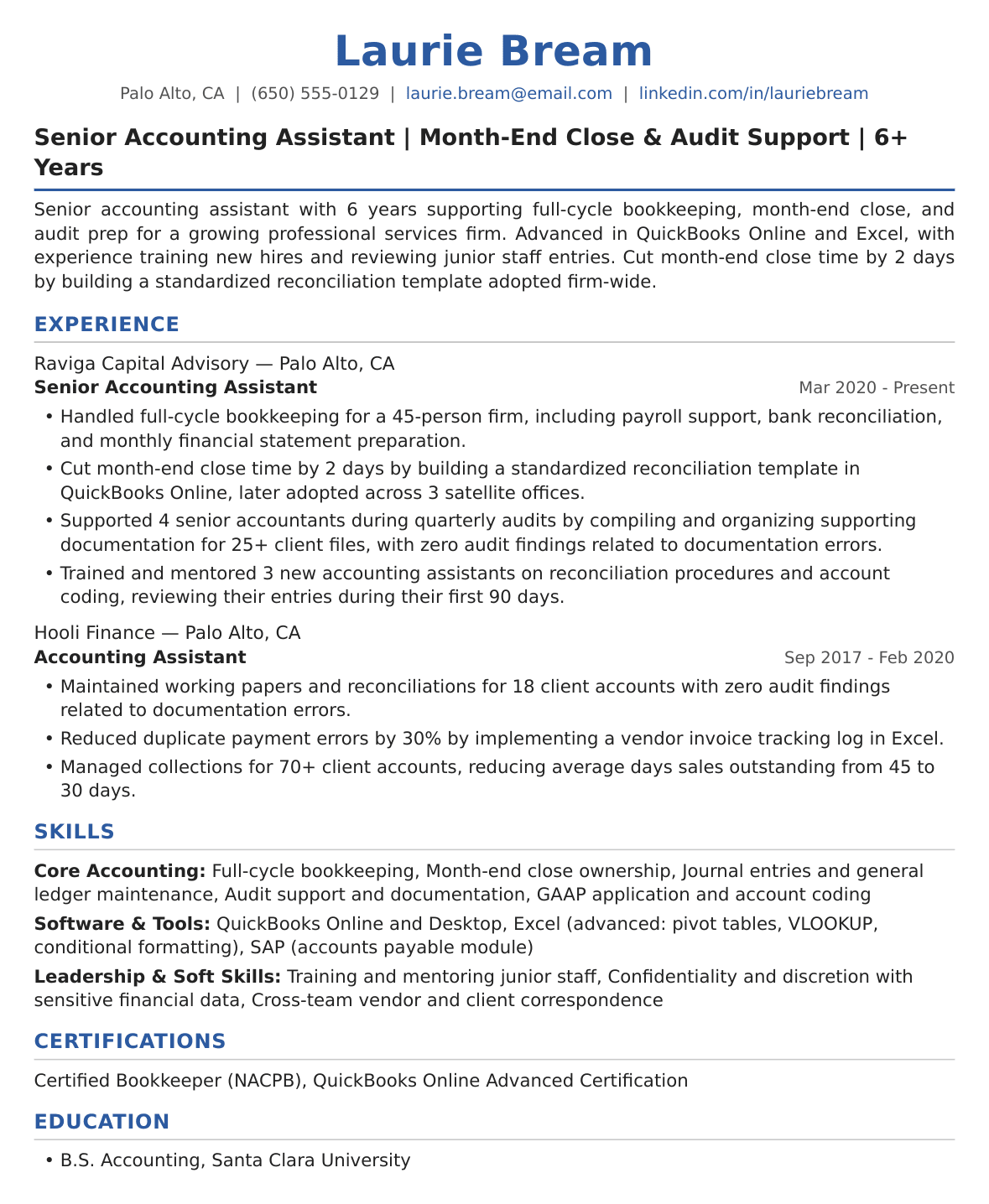 Experienced Accounting Assistant Resume Example