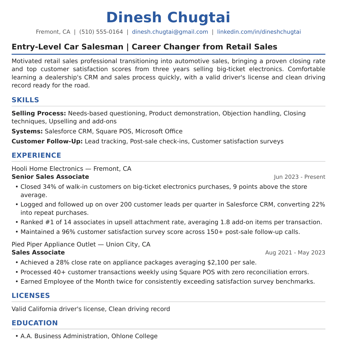 Entry-Level Car Salesman Resume Example