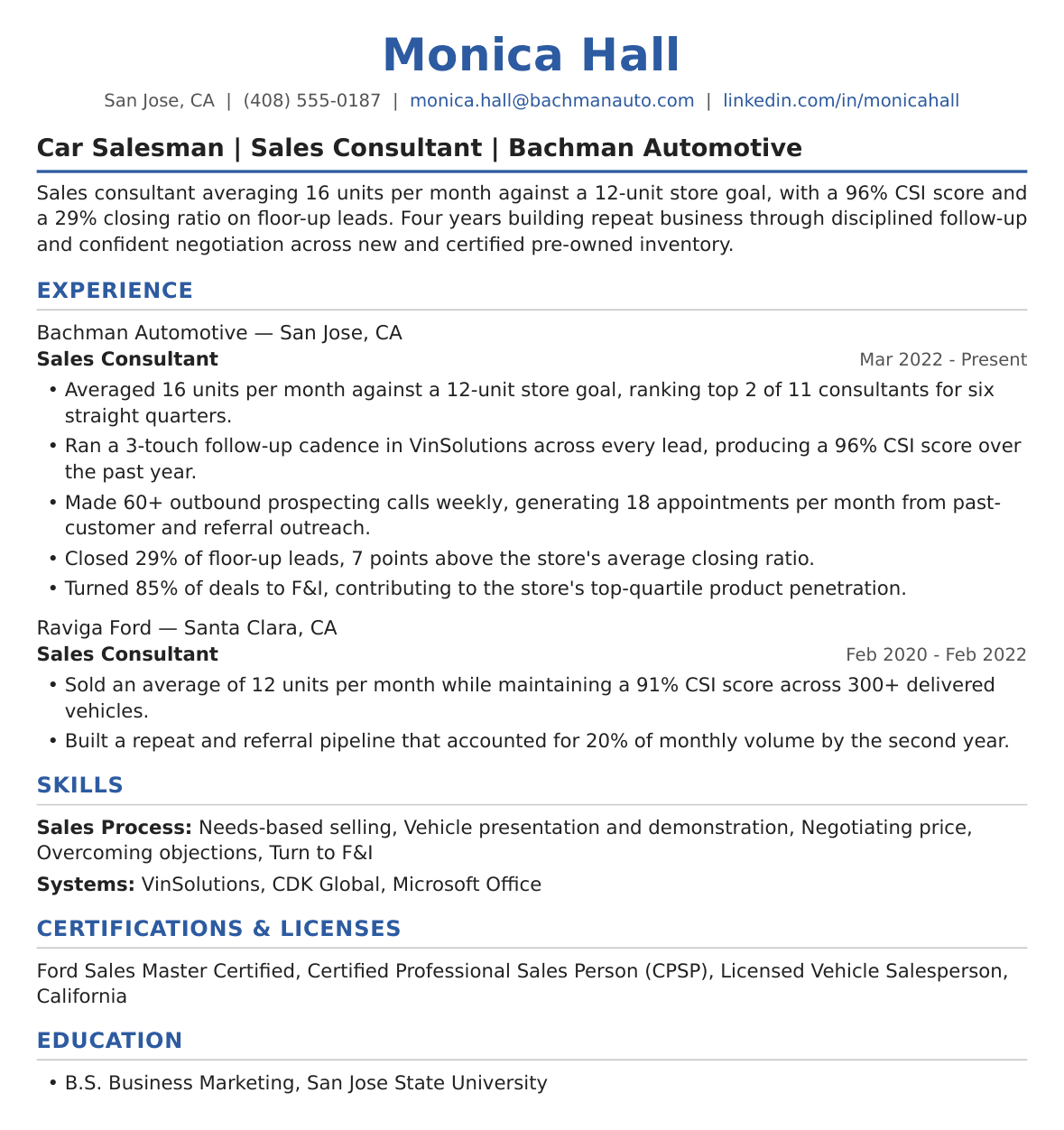 Mid-Level Car Salesman Resume Example