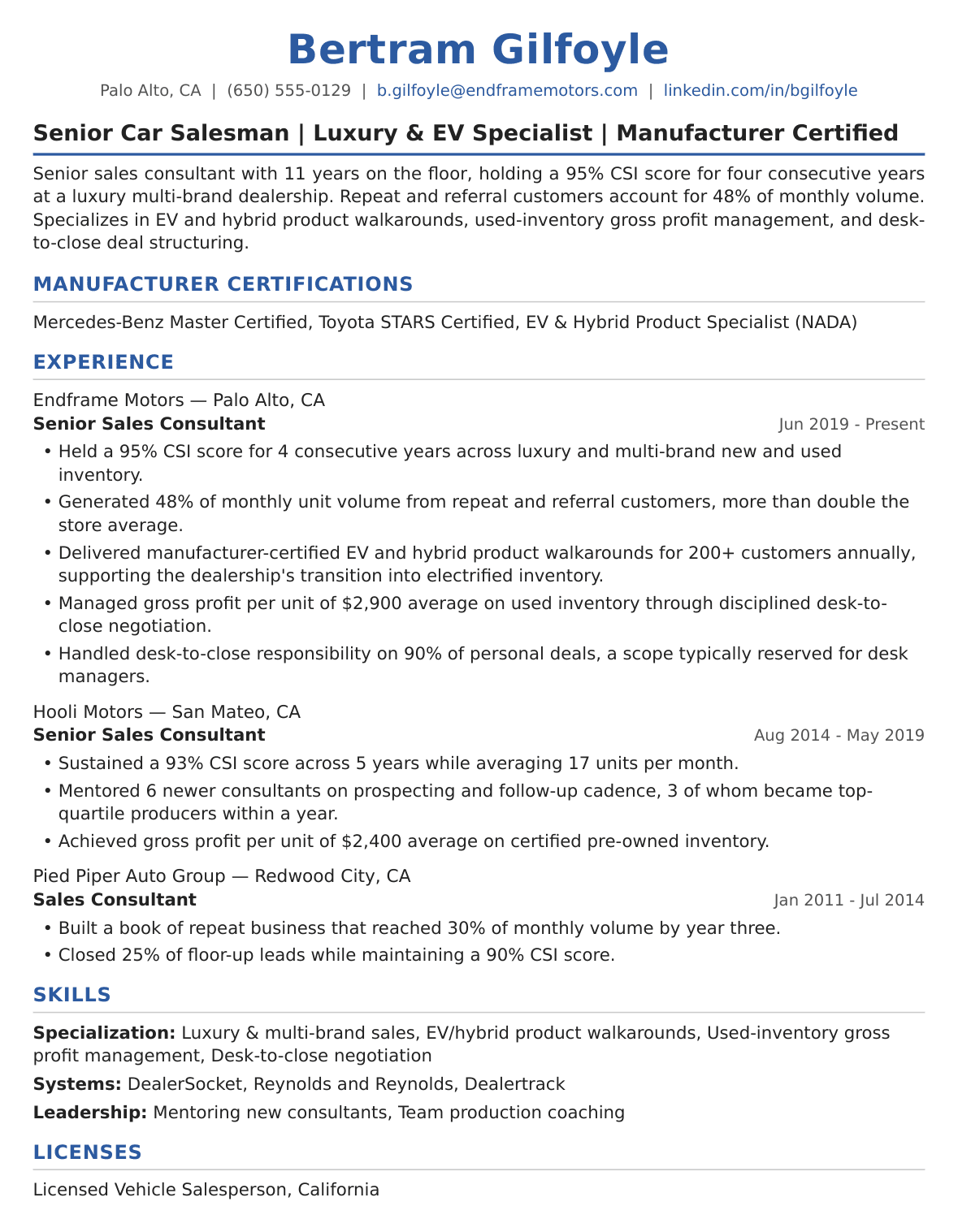 Senior-Level Car Salesman Resume Example