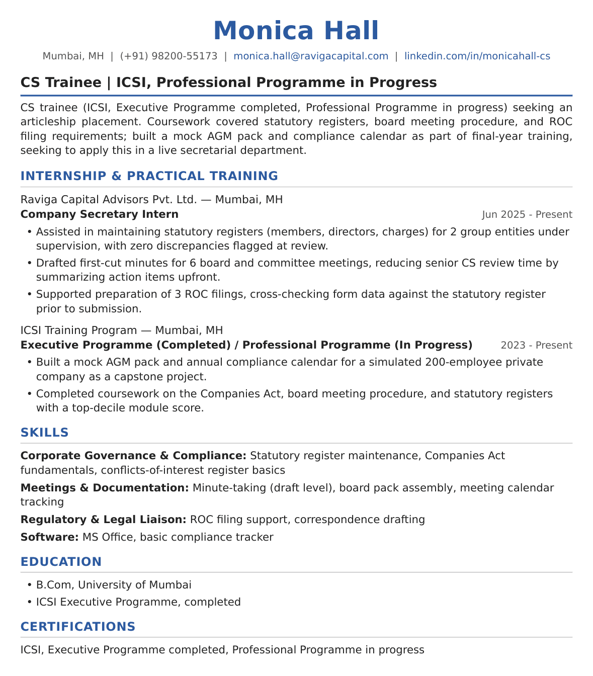 Entry-Level Company Secretary Resume Example