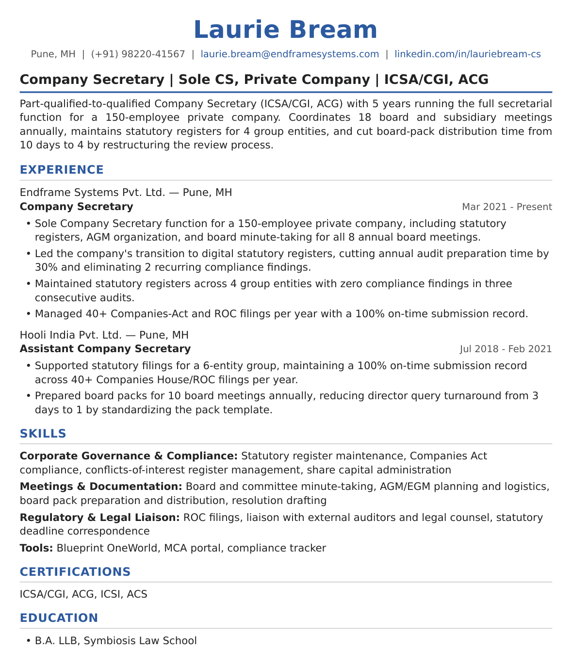 Mid-Career Company Secretary Resume Example