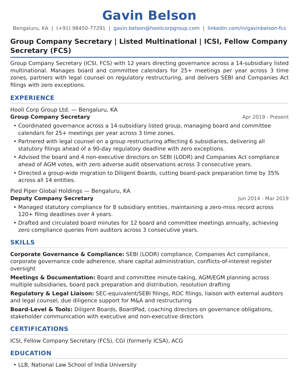 Senior Company Secretary Resume Example