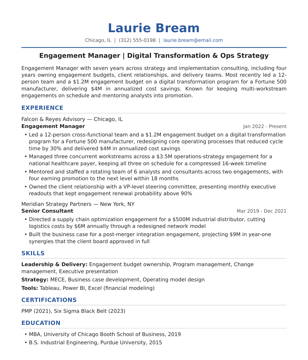Engagement Manager Resume Example