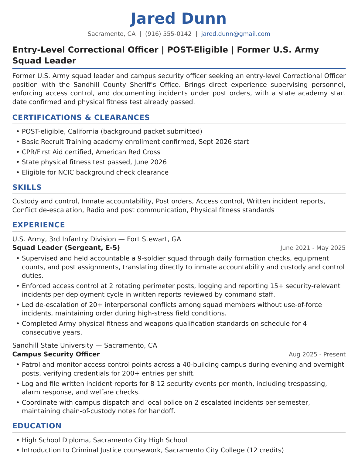 Entry-Level Correctional Officer Resume Example