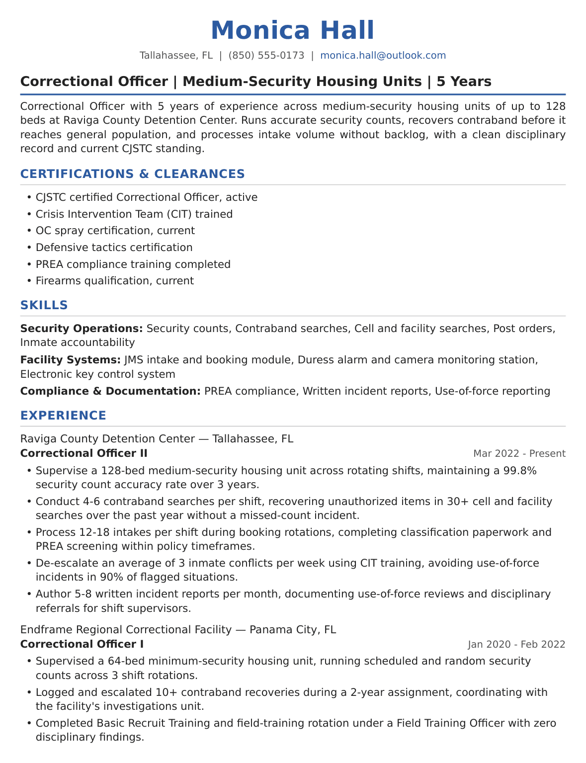 Mid-Level Correctional Officer Resume Example