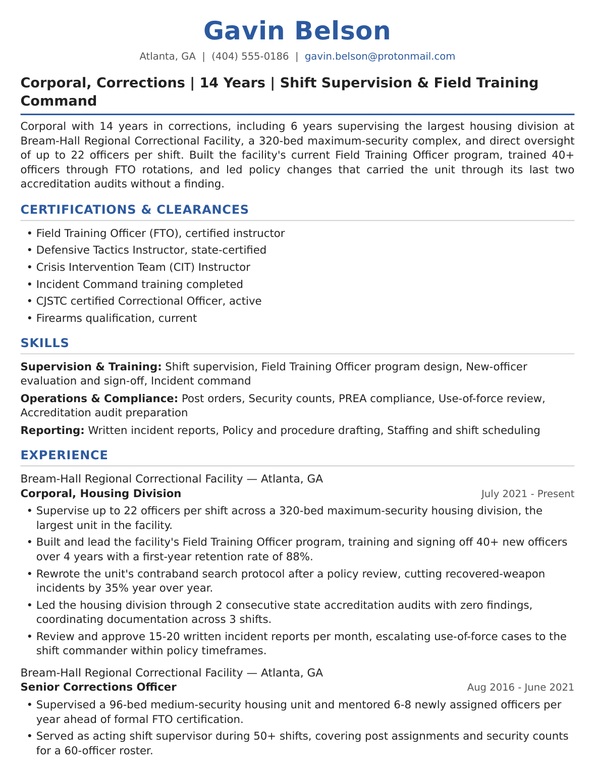 Senior-Level Correctional Officer Resume Example