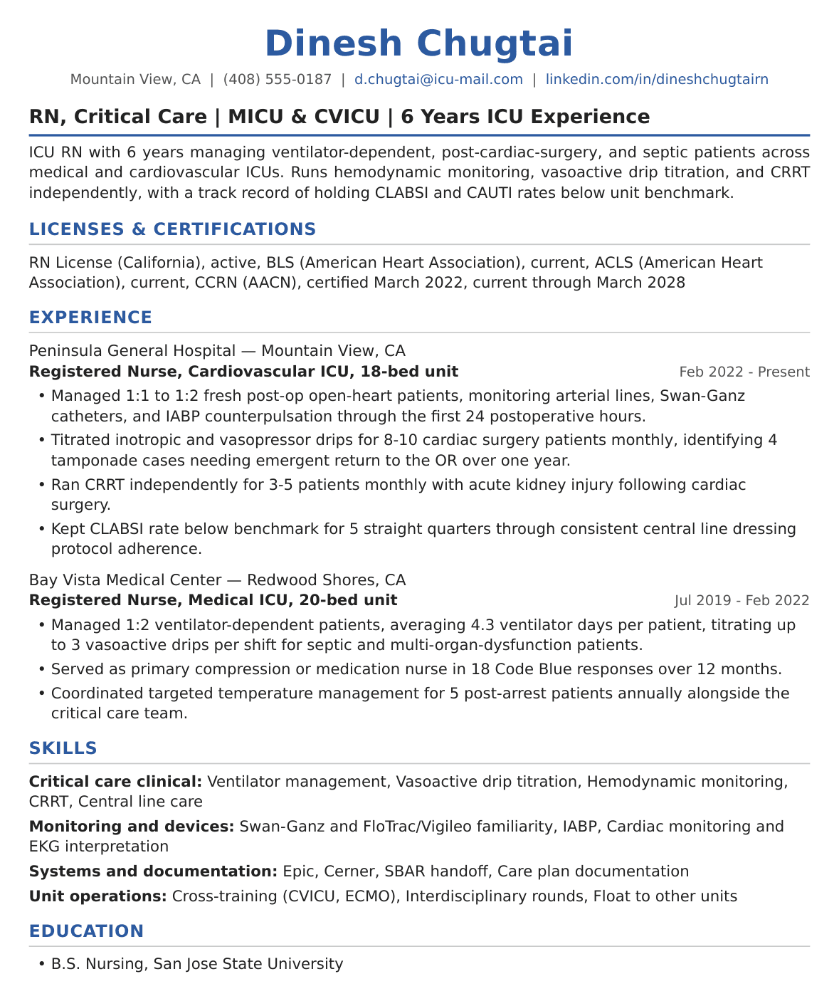 Experienced ICU Nurse Resume Example