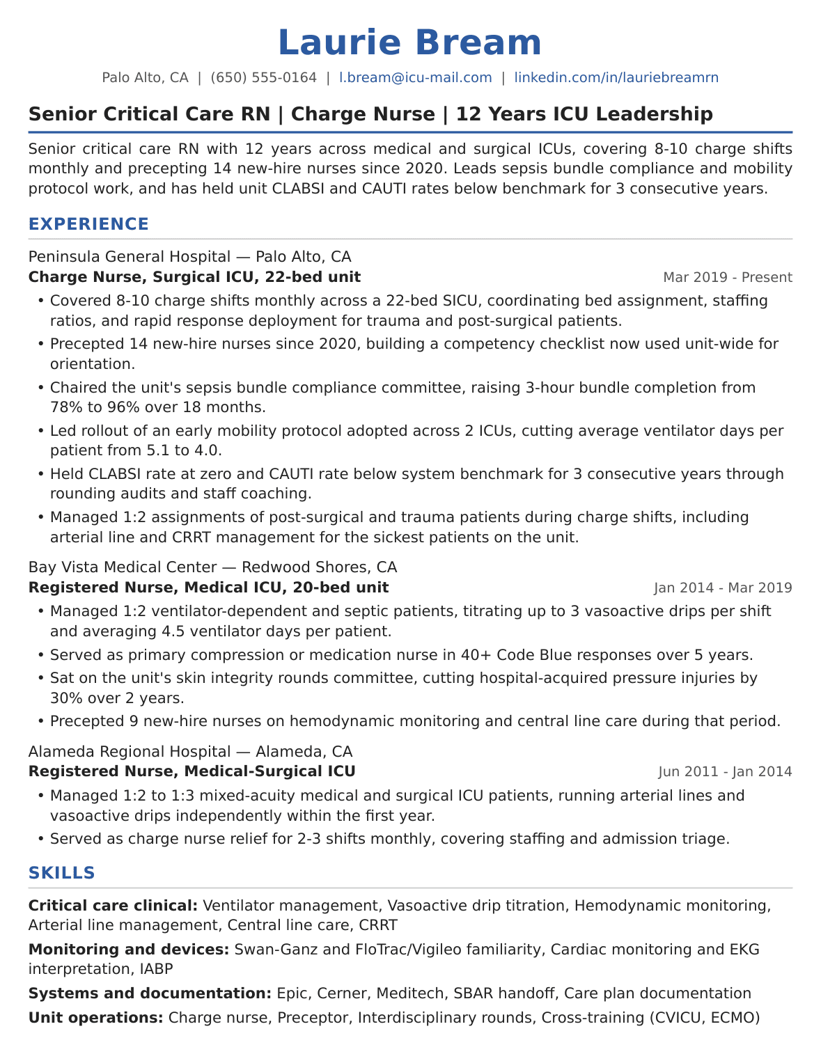 Senior Critical Care Nurse Resume Example