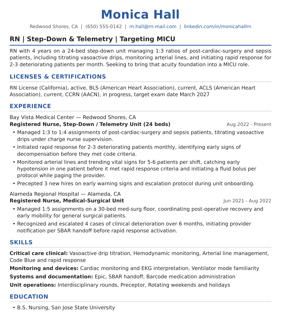Transitioning Into Critical Care Nurse Resume Example