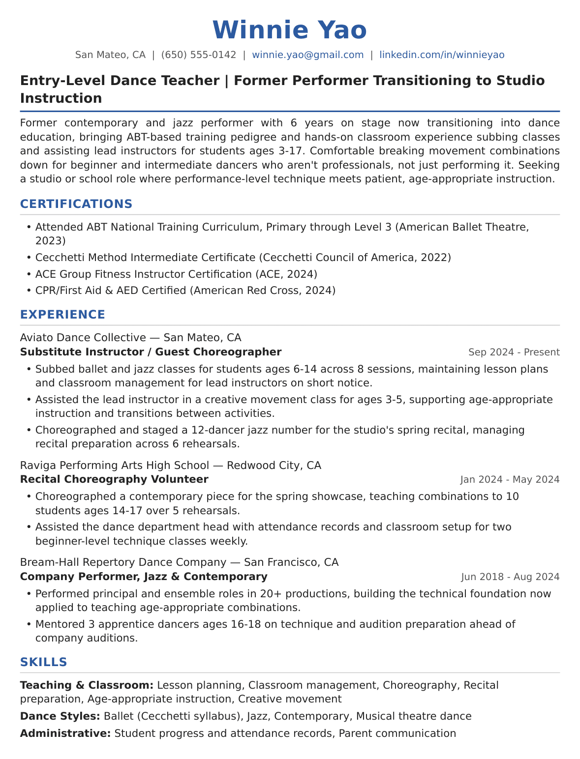 Entry-Level Dance Teacher Resume Example