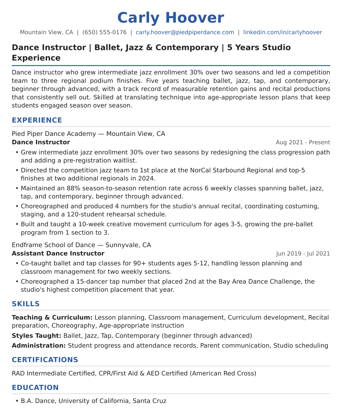 Mid-Level Dance Teacher Resume Example