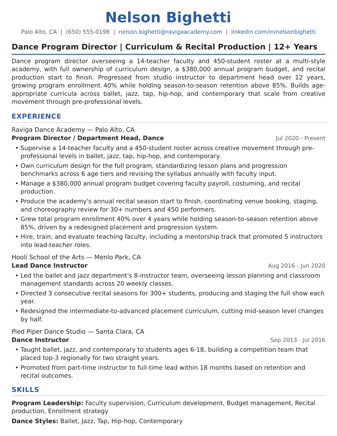 Senior-Level Dance Teacher Resume Example