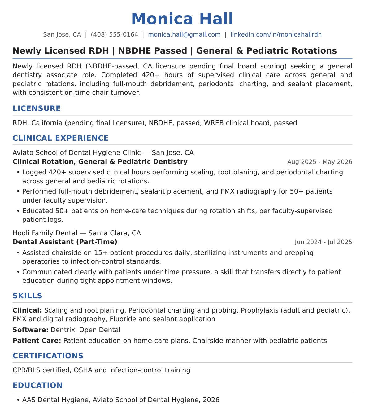 Entry-Level Dental Hygienist Resume Example