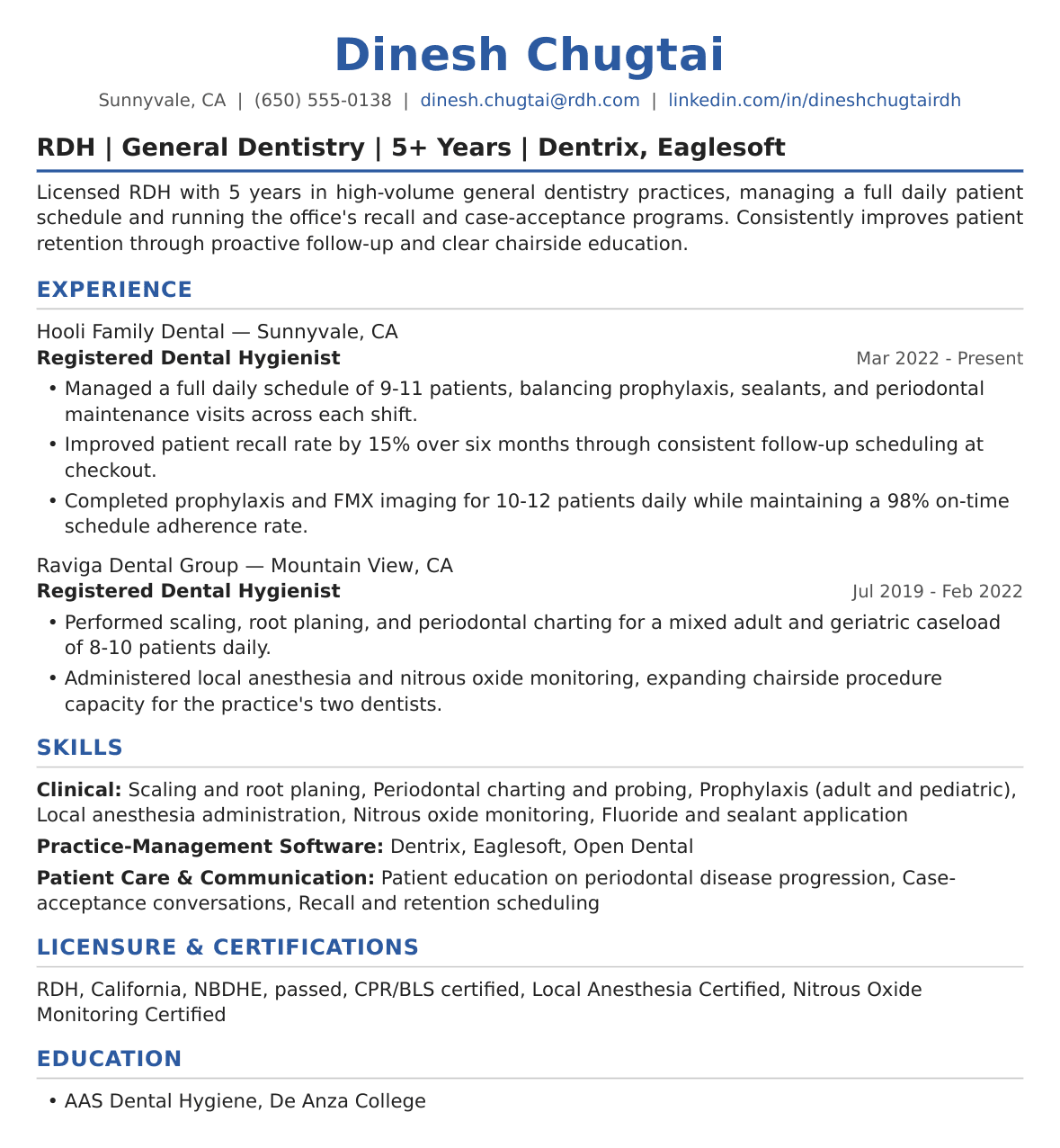 General Practice Dental Hygienist Resume Example