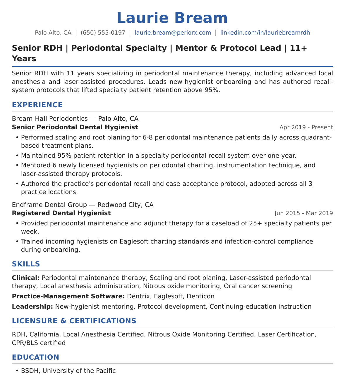Specialty Senior Dental Hygienist Resume Example