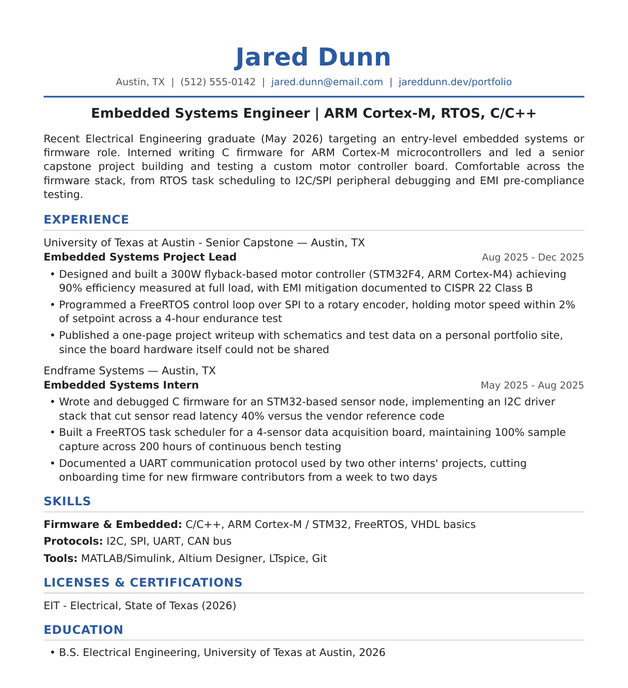 Embedded Systems Engineer Resume Example