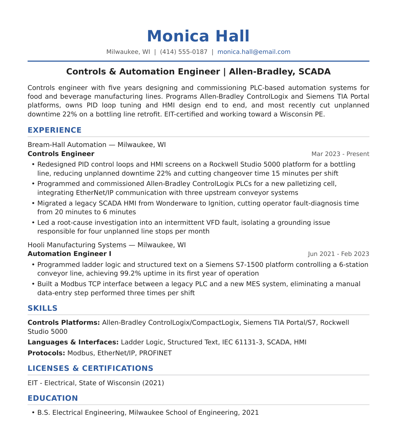 Controls & Automation Engineer Resume Example
