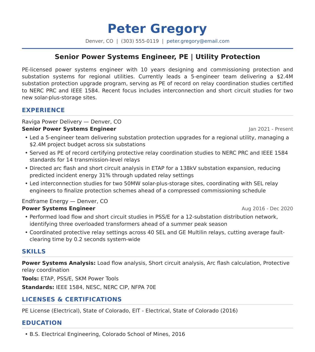 Senior Power Systems Engineer (PE) Resume Example