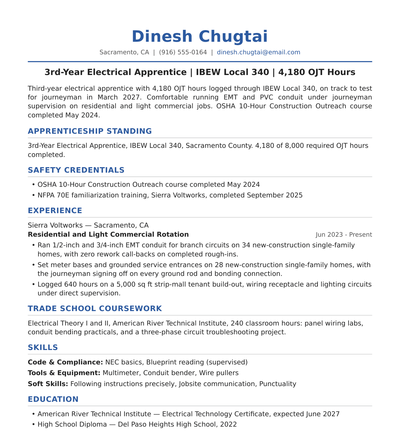 Apprentice Electrician Resume Example