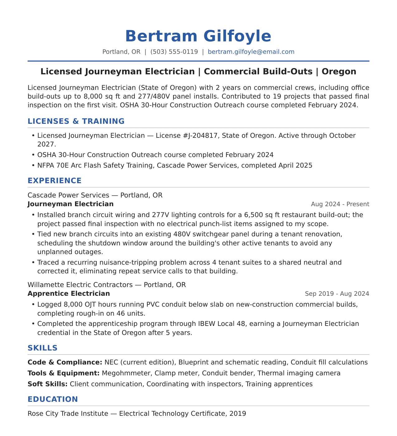 Journeyman Electrician Resume Example